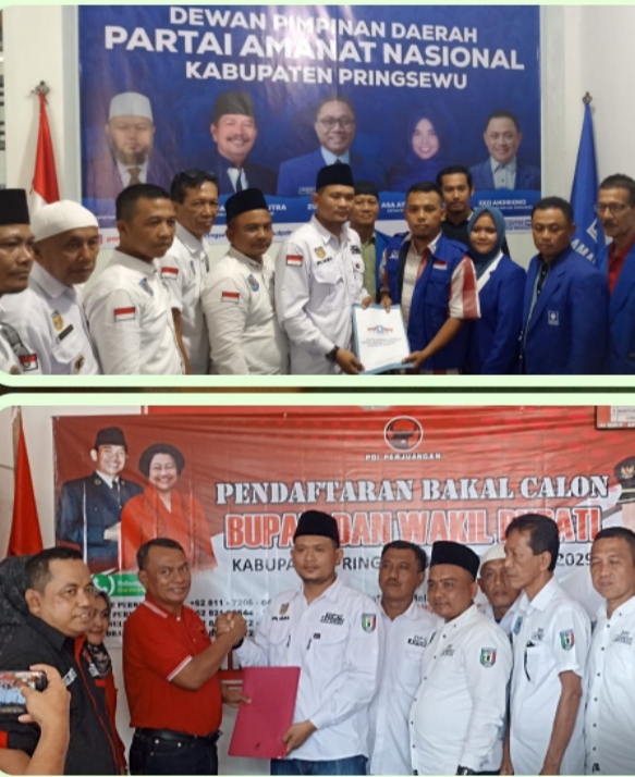 Puluhan Kakon Kawal Ketua APDESI Pringsewu Ambil Formulir Bacalon Wabup di PDI-P, PAN dan Demokrat