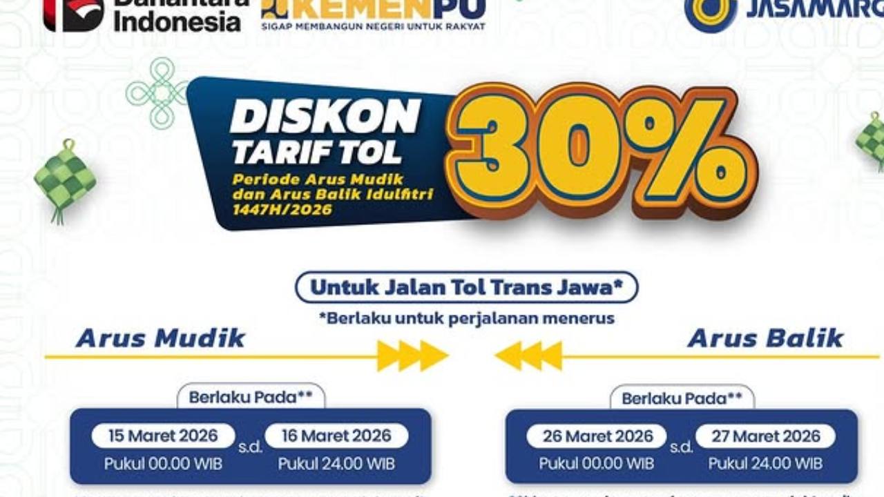Daftar Diskon Tarif Tol 30 Persen Buat Arus Balik Mudik Lebaran 2026, Berlaku Mulai 26-27 Maret
