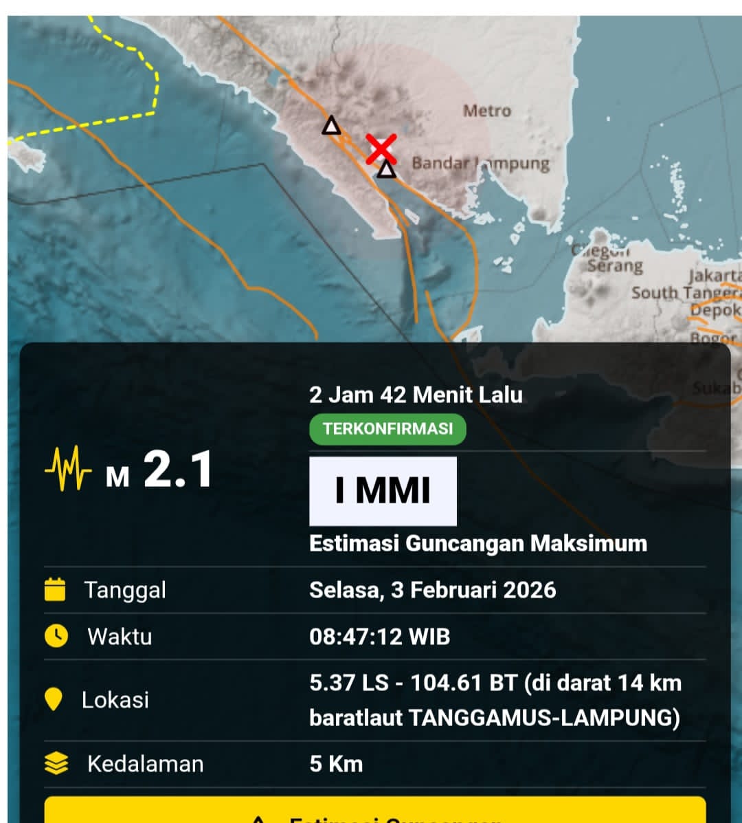 Gempa Magnitudo 2,1 Guncang Tanggamus, BMKG: Tidak Berpotensi Tsunami