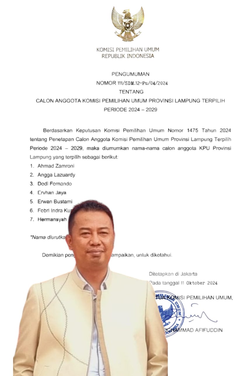 Selamat, Ketua KPU Tanggamus Angga Lazuardy Terpilih Sebagai Anggota KPU Lampung periode 2024-2029 