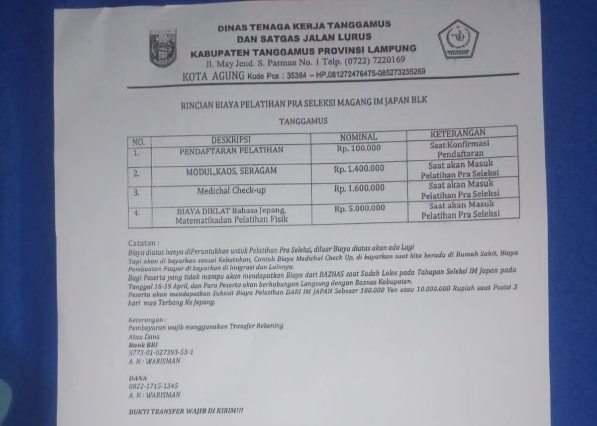 Nama Disnaker Tanggamus Dicatut Program Magang ke Jepang Biaya Rp8,1 Juta