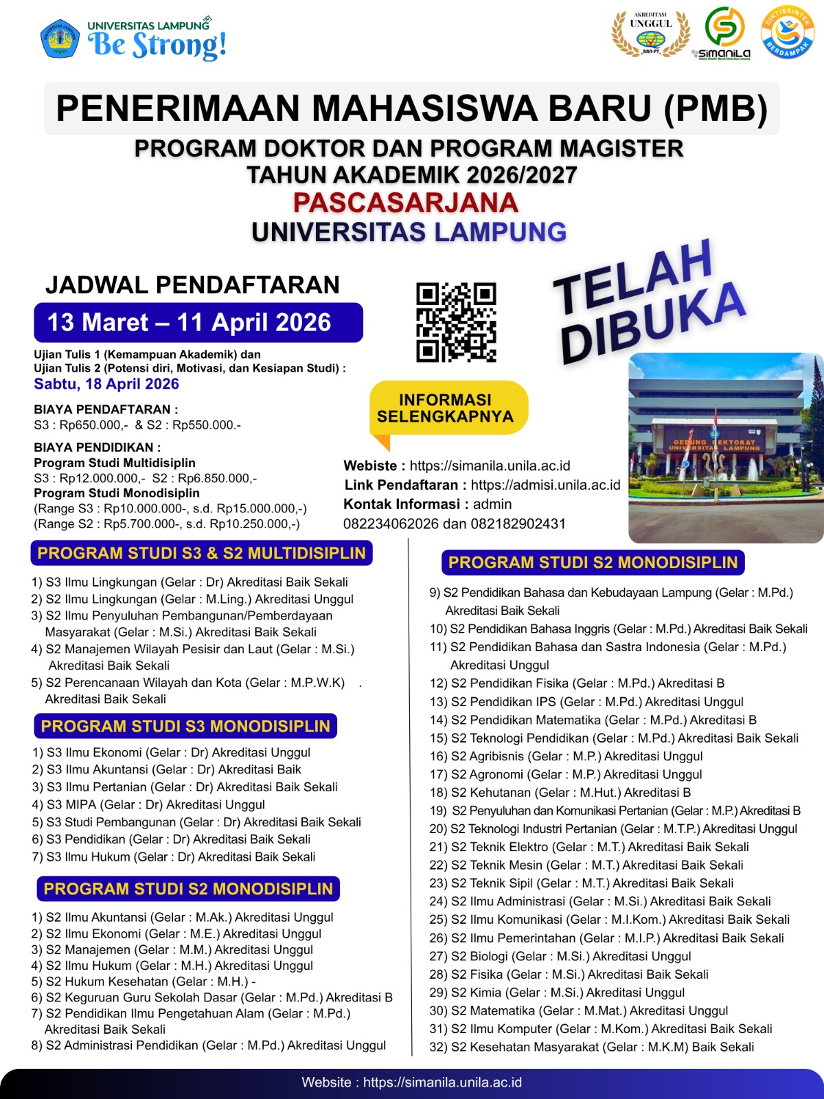 Unila Buka Pendaftaran Pascasarjana 2026/2027, Tersedia Puluhan Program S2 dan S3