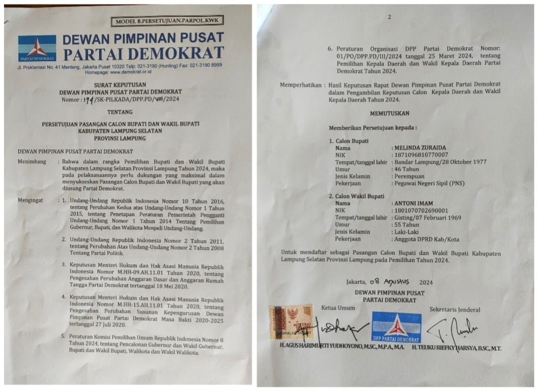 Melinda Suraida dan Antoni Imam Terima Rekomendasi Partai Demokrat