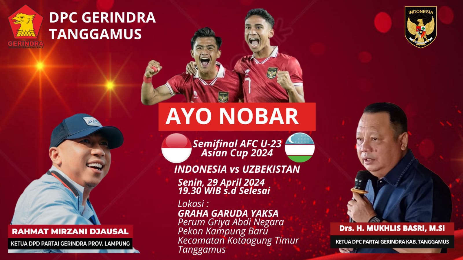 Partai Gerindra Tanggamus Gelar Nobar Timmas Indonesia U-23 Vs Uzbekistan, Catat Lokasinya