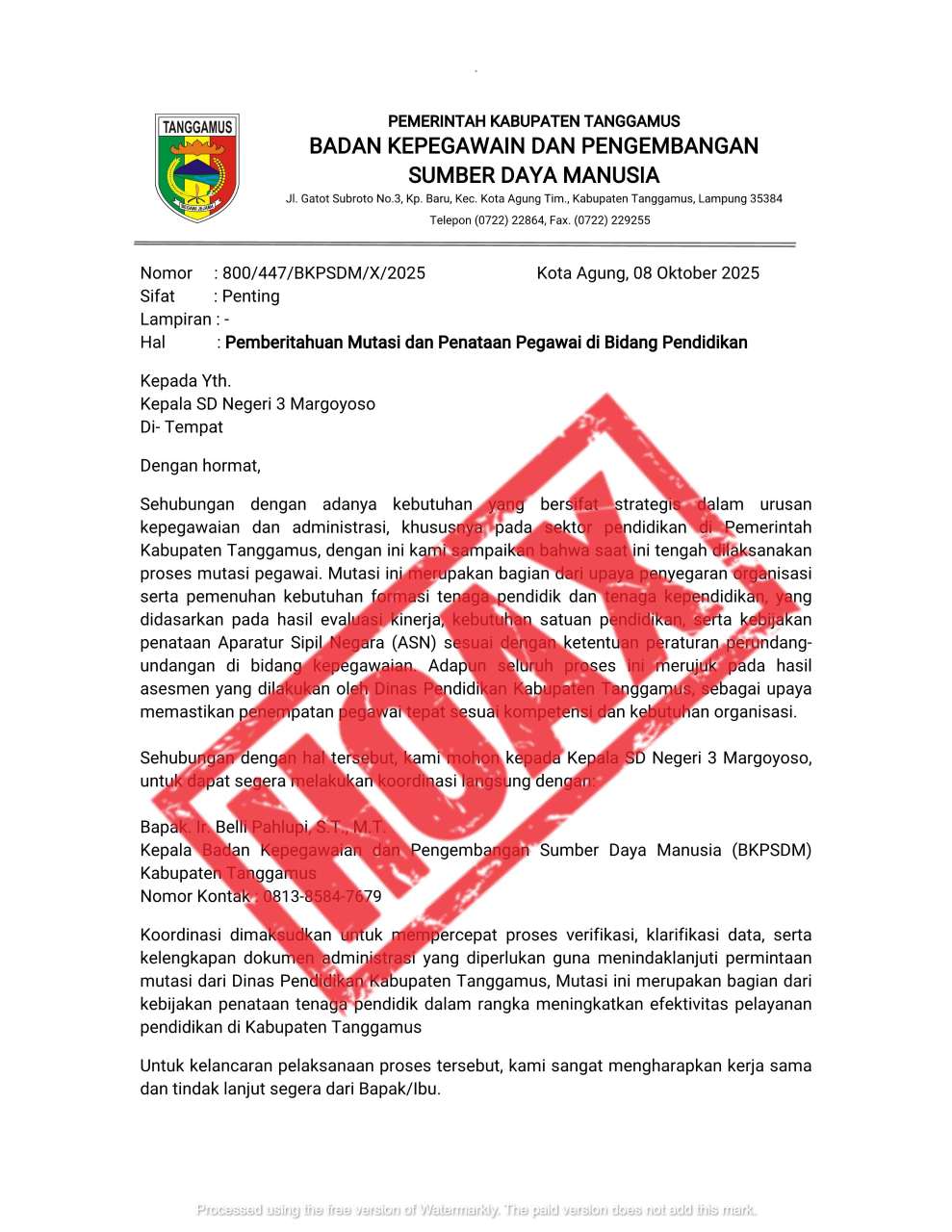 BKPSDM Tanggamus Tegaskan Surat Edaran Mutasi dan Pembina Bidang Pendidikan adalah Hoaks
