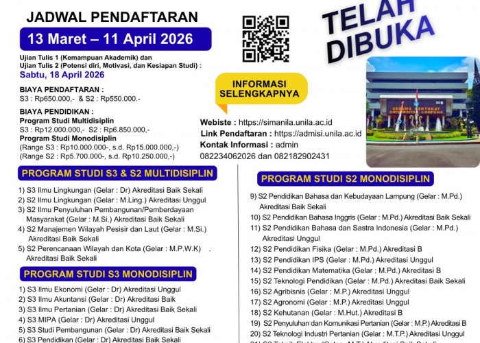 Unila Buka Pendaftaran Pascasarjana 2026/2027, Tersedia Puluhan Program S2 dan S3