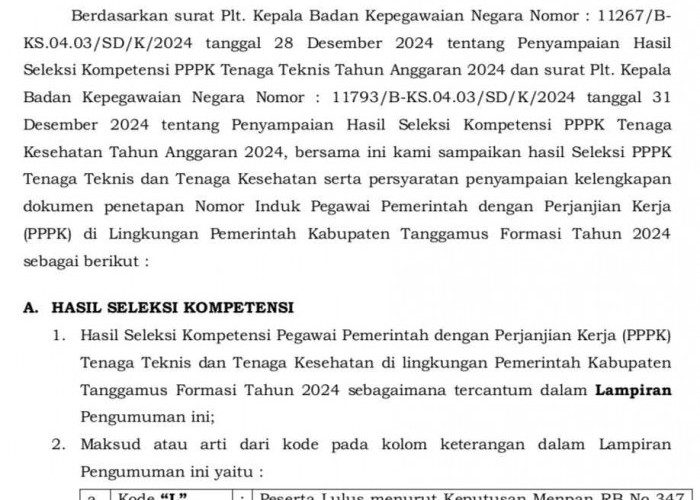 Pemkab Tanggamus Umumkan Kelulusan PPPK 2024, Hanya Peserta Dengan Kode Ini Yang Lulus