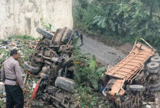 Diduga Rem Blong, Dump Truk Terguling di Tanjakan PJR Panjang, 4 Orang Terluka
