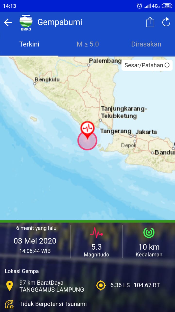 Gempa 5,3 SR Guncang Tanggamus