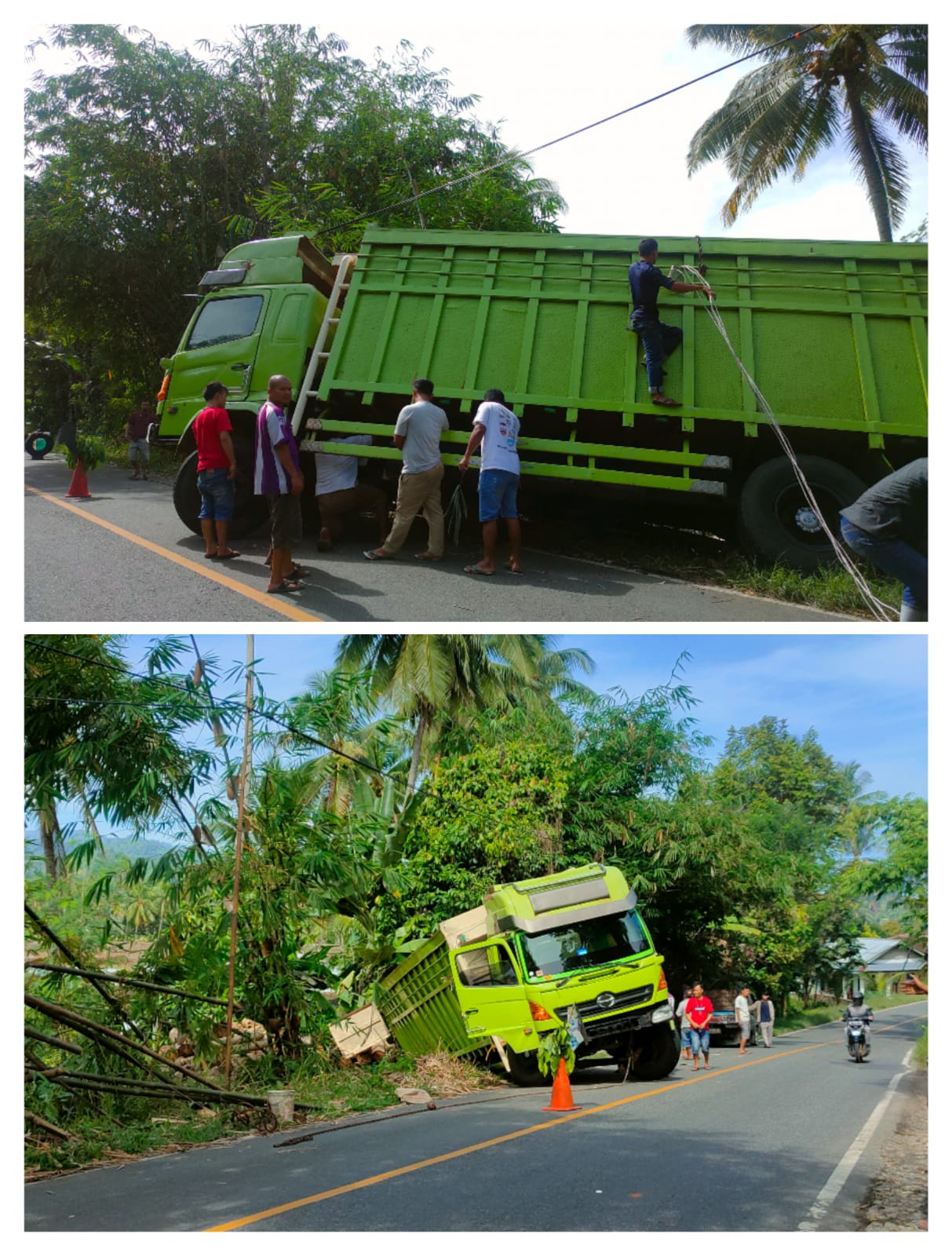 Pecah Selang Angin, Truk Bermuatan Kayu Sengon Terperosok ke Siring