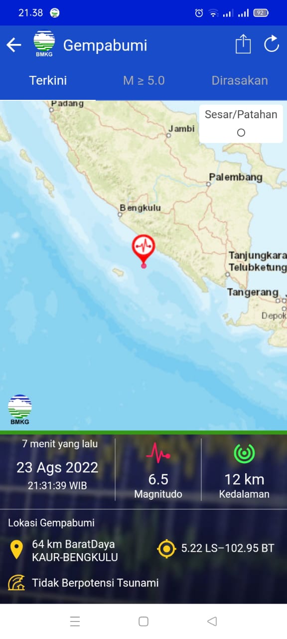 Getaran Gempa di Bengkulu Terasa Hingga Tanggamus