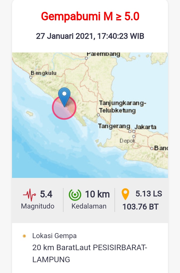 Getaran Gempa Terasa Cukup Kuat di Tanggamus