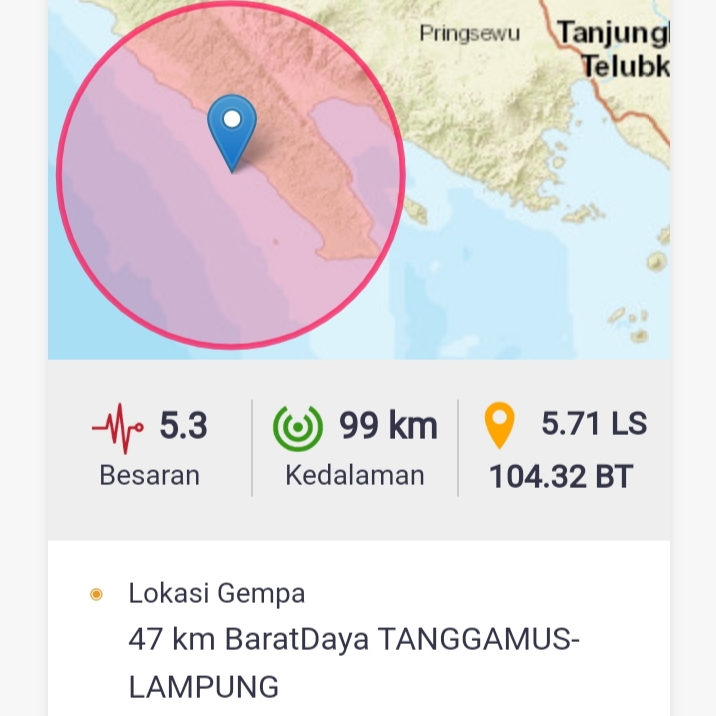 Gempa 5,3 SR Kembali Guncang Kabupaten Tanggamus